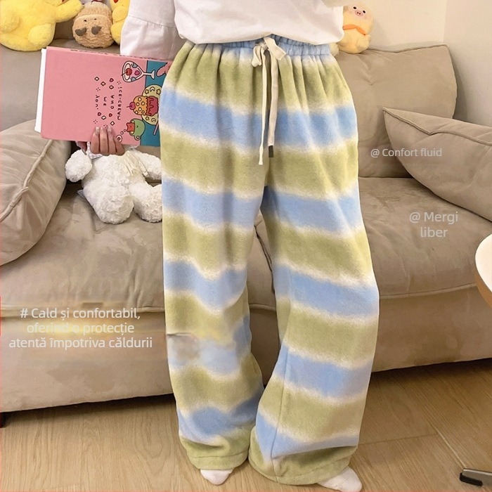 Pantaloni de pijama pentru femei din flanelă, termici, 100% poliester, grosime îngroșată, 181–200 g/m², croială lejeră