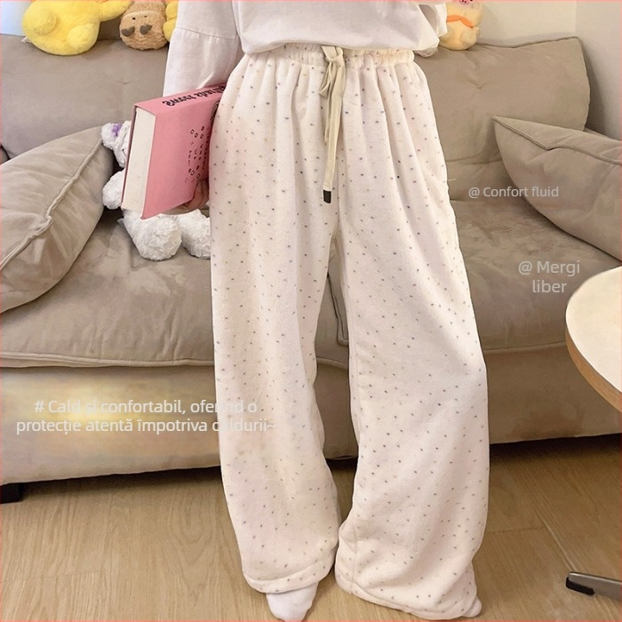 Pantaloni de pijama pentru femei din flanelă, termici, 100% poliester, grosime îngroșată, 181–200 g/m², croială lejeră