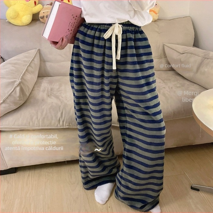 Pantaloni de pijama pentru femei din flanelă, termici, 100% poliester, grosime îngroșată, 181–200 g/m², croială lejeră
