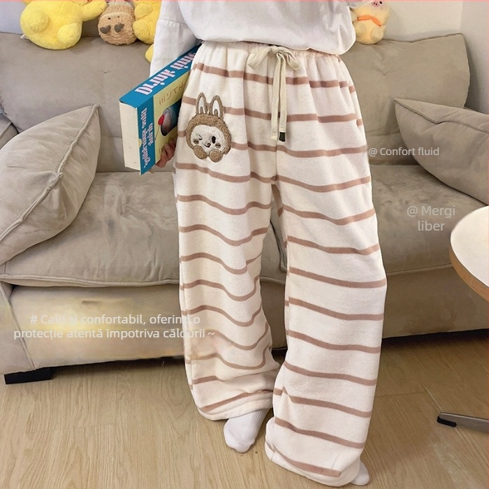 Pantaloni de pijama pentru femei din flanelă, termici, 100% poliester, grosime îngroșată, 181–200 g/m², croială lejeră