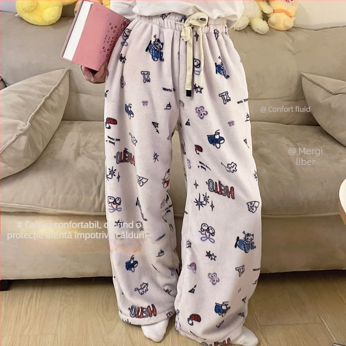 Pantaloni de pijama pentru femei din flanelă, termici, 100% poliester, grosime îngroșată, 181–200 g/m², croială lejeră