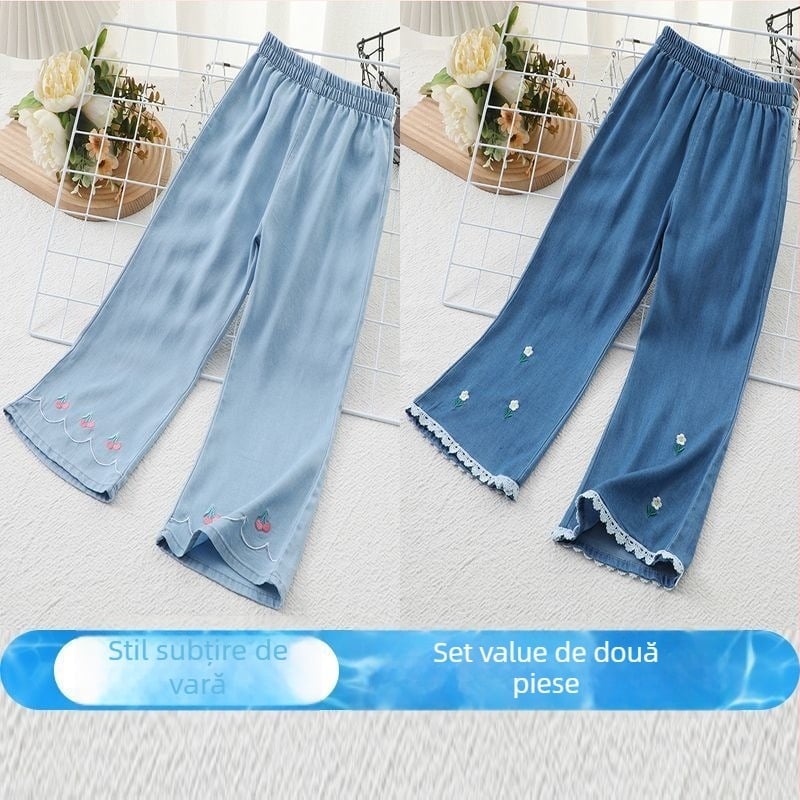 Pantaloni anti țânțari pentru fete, vară, din material Ice Silk, imprimeu floral, aspect denim-look, talie medie cu elastic, pentru copii 3-8 ani