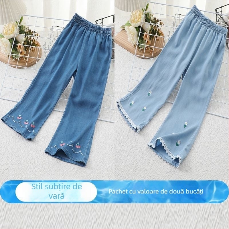 Pantaloni anti țânțari pentru fete, vară, din material Ice Silk, imprimeu floral, aspect denim-look, talie medie cu elastic, pentru copii 3-8 ani