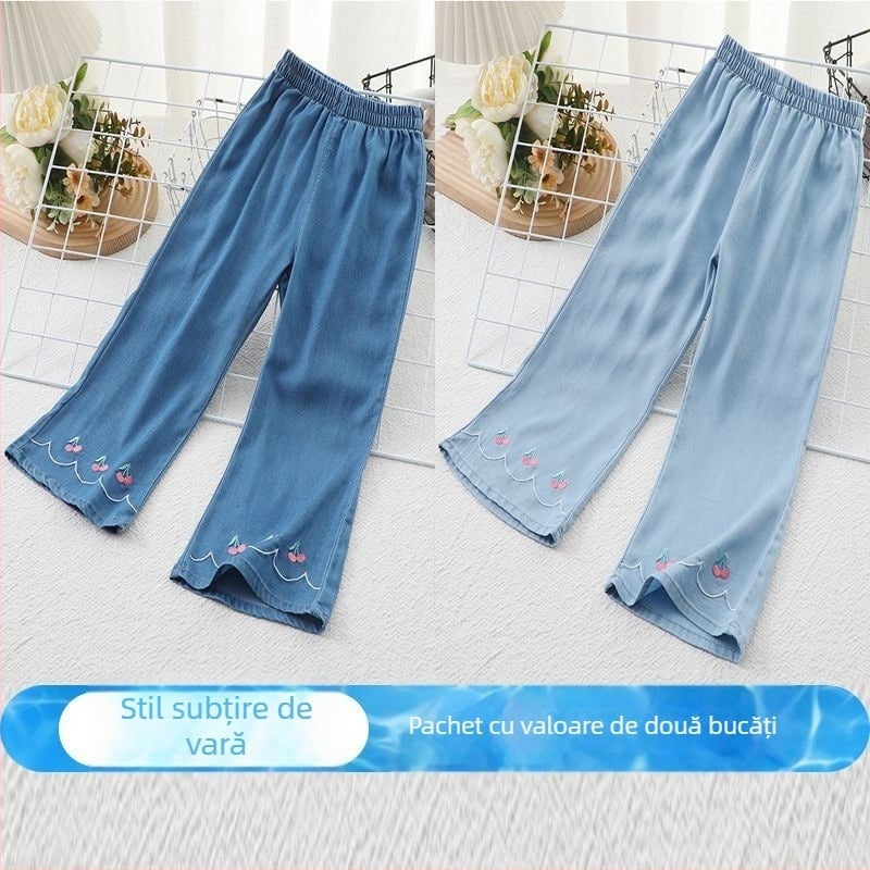 Pantaloni anti țânțari pentru fete, vară, din material Ice Silk, imprimeu floral, aspect denim-look, talie medie cu elastic, pentru copii 3-8 ani