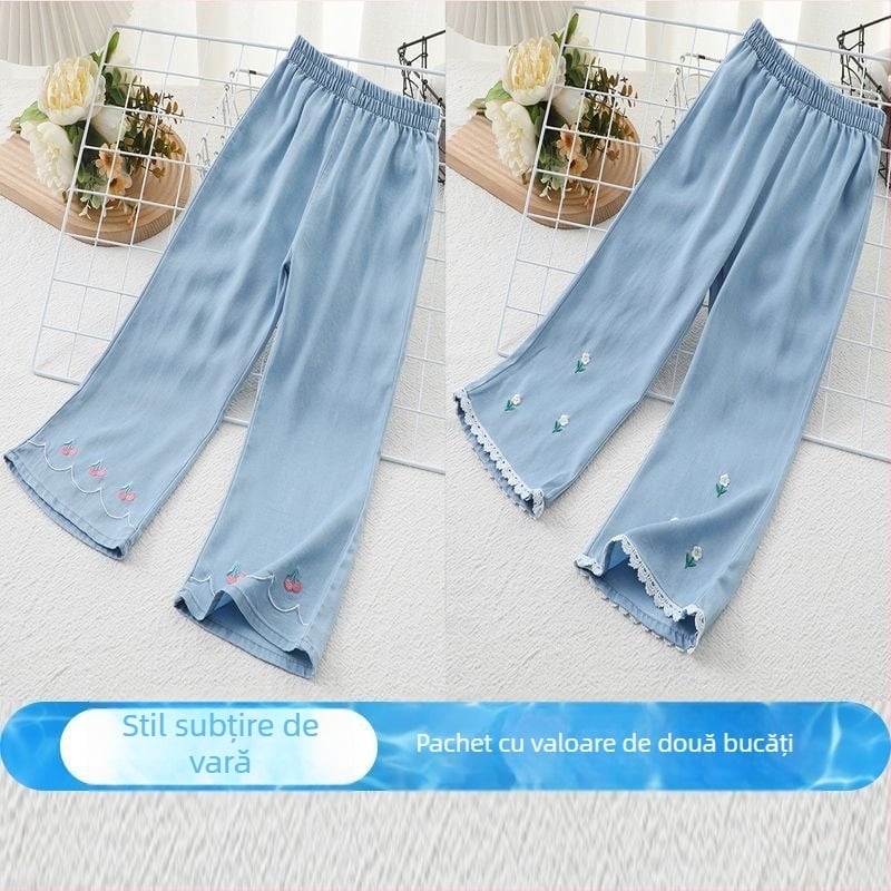 Pantaloni anti țânțari pentru fete, vară, din material Ice Silk, imprimeu floral, aspect denim-look, talie medie cu elastic, pentru copii 3-8 ani