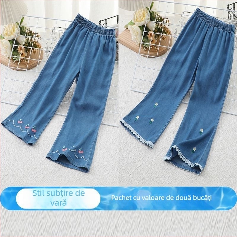 Pantaloni anti țânțari pentru fete, vară, din material Ice Silk, imprimeu floral, aspect denim-look, talie medie cu elastic, pentru copii 3-8 ani