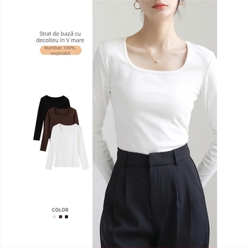 Tricou dama cu mâneci lungi și guler pătrat, croială slim, 90–95% bumbac, lungime obișnuită (50–65 cm)