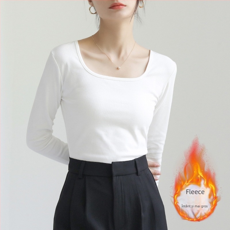 Tricou dama cu mâneci lungi și guler pătrat, croială slim, 90–95% bumbac, lungime obișnuită (50–65 cm)