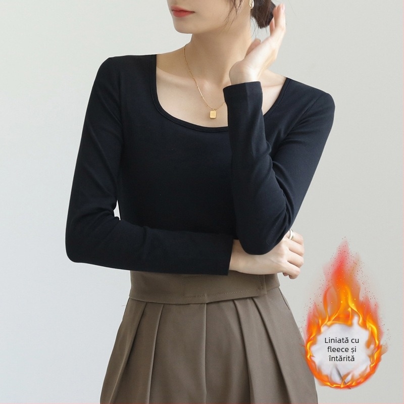 Tricou dama cu mâneci lungi și guler pătrat, croială slim, 90–95% bumbac, lungime obișnuită (50–65 cm)