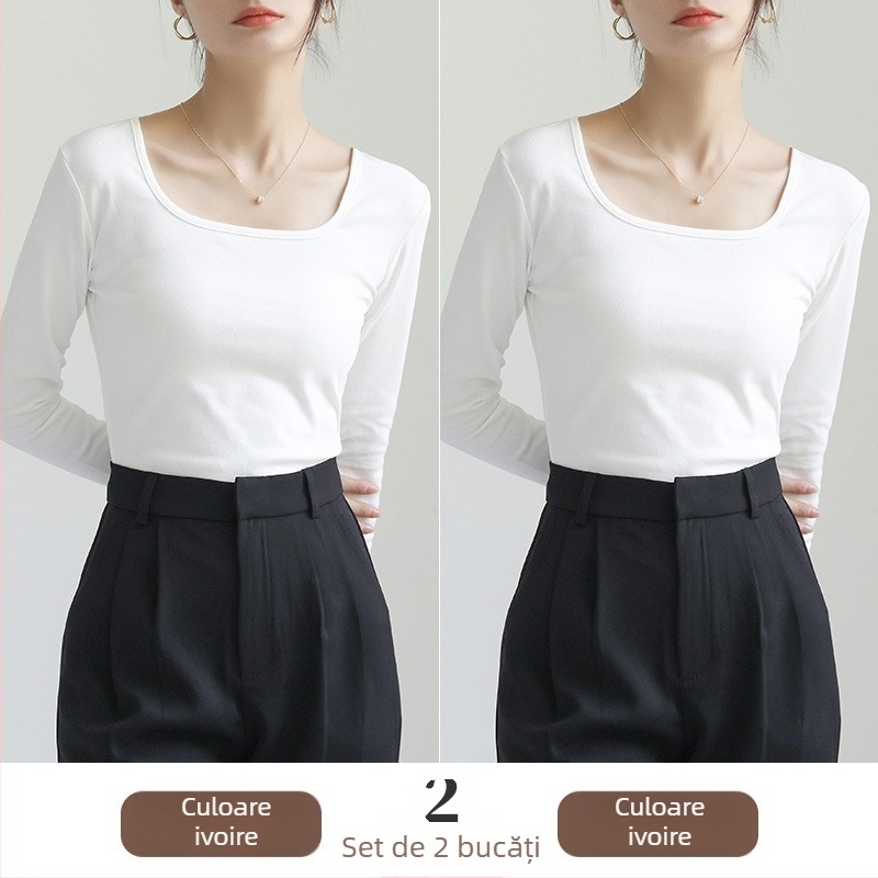 Tricou dama cu mâneci lungi și guler pătrat, croială slim, 90–95% bumbac, lungime obișnuită (50–65 cm)