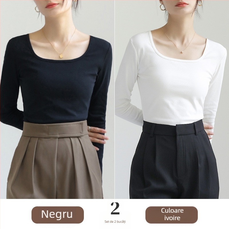 Tricou dama cu mâneci lungi și guler pătrat, croială slim, 90–95% bumbac, lungime obișnuită (50–65 cm)