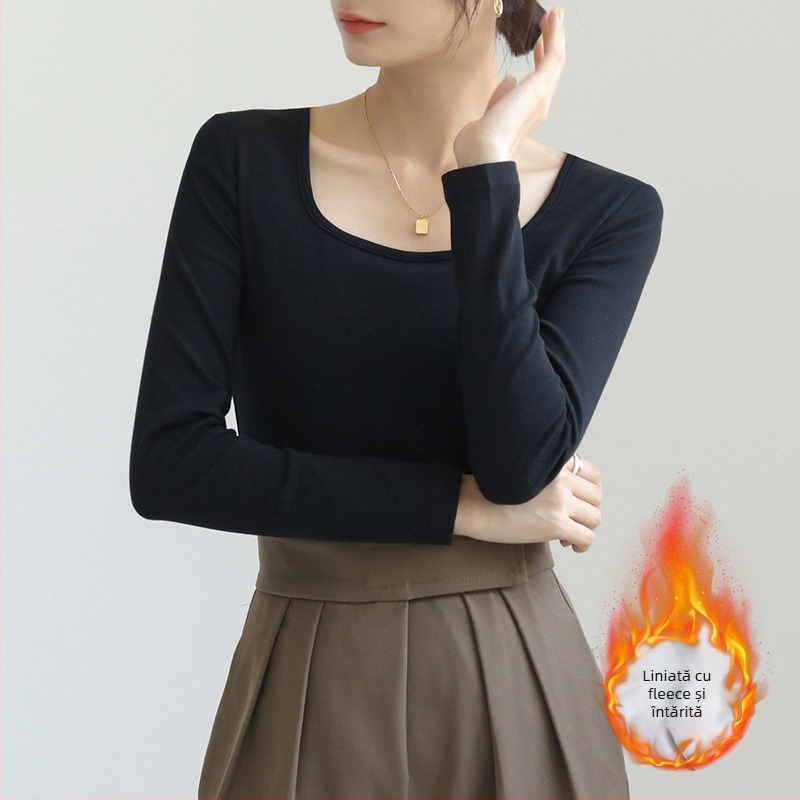 Tricou dama cu mâneci lungi și guler pătrat, croială slim, 90–95% bumbac, lungime obișnuită (50–65 cm)