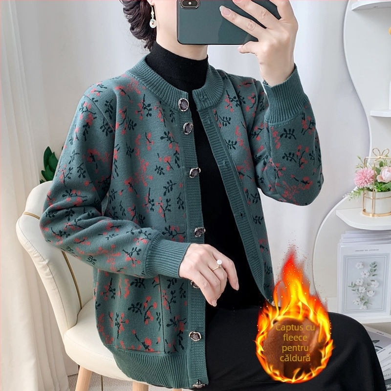 Cardigan pentru femei în vârstă, primăvara 2025 tricot, țesătură pe bază de PVC până la 30%, alte materiale 30–50%, stil literar retro, etichetă cu guler.