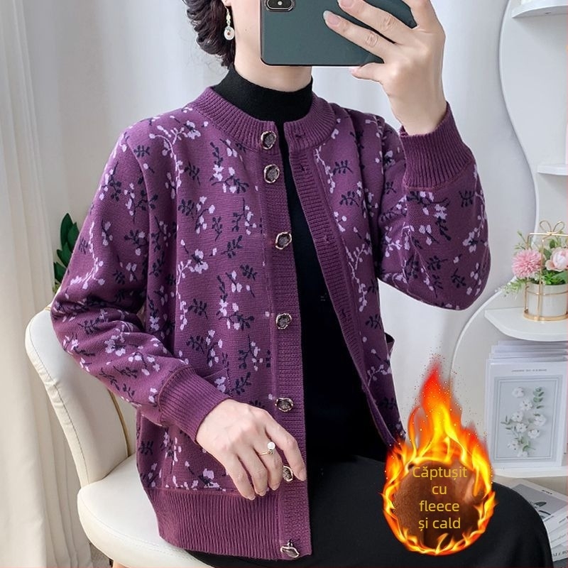 Cardigan pentru femei în vârstă, primăvara 2025 tricot, țesătură pe bază de PVC până la 30%, alte materiale 30–50%, stil literar retro, etichetă cu guler.