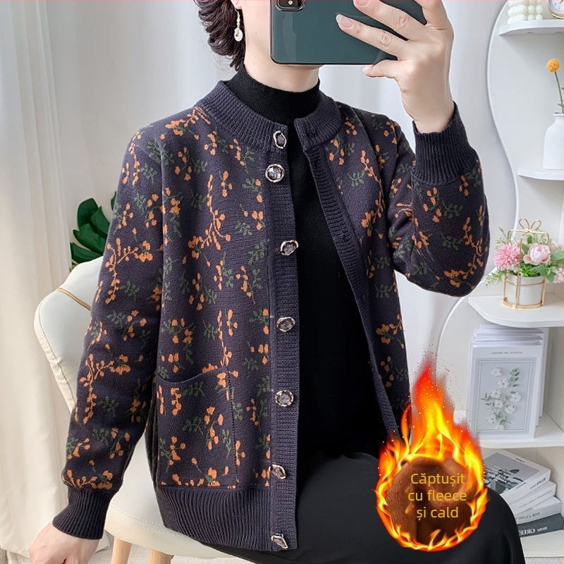 Cardigan pentru femei în vârstă, primăvara 2025 tricot, țesătură pe bază de PVC până la 30%, alte materiale 30–50%, stil literar retro, etichetă cu guler.