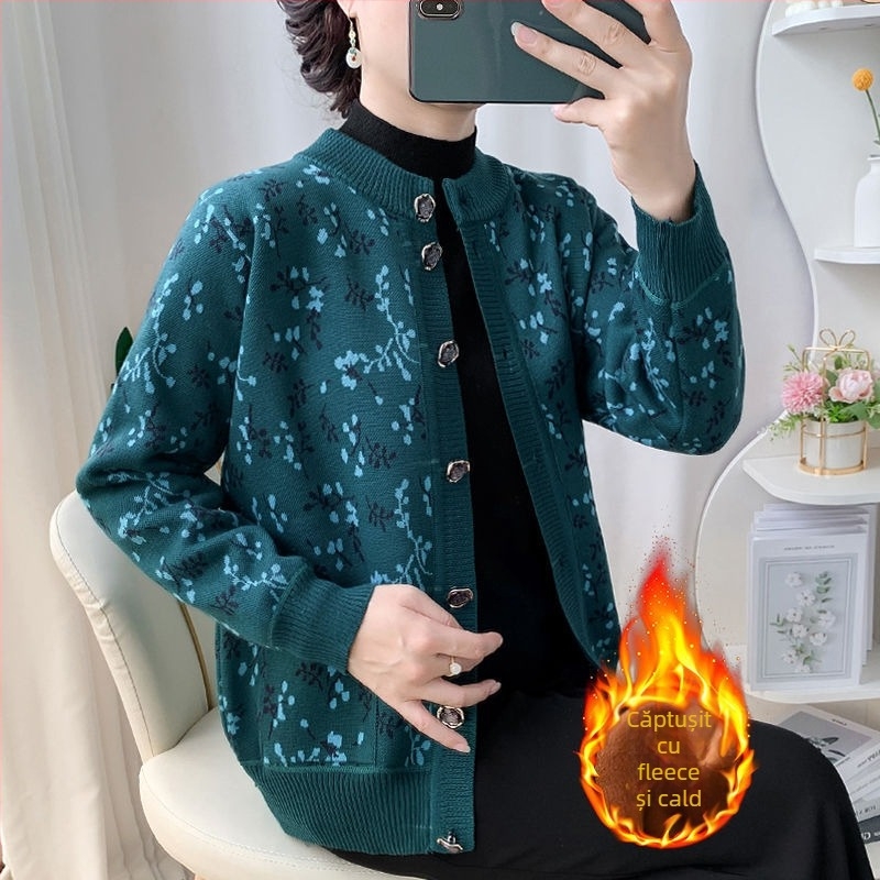 Cardigan pentru femei în vârstă, primăvara 2025 tricot, țesătură pe bază de PVC până la 30%, alte materiale 30–50%, stil literar retro, etichetă cu guler.