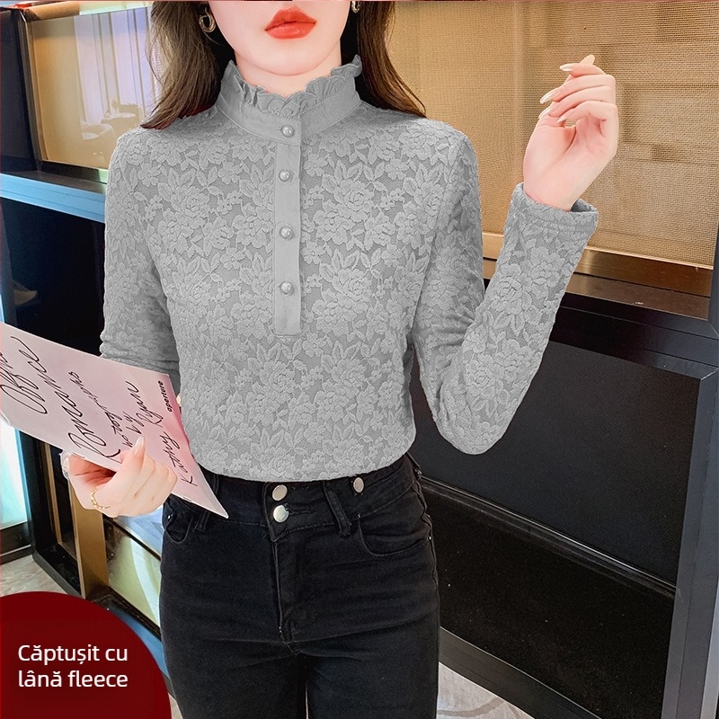 Bluza pentru femei, cu dantelă și guler înalt, mărime plus, pentru toamnă-iarna, căptușită cu fleece