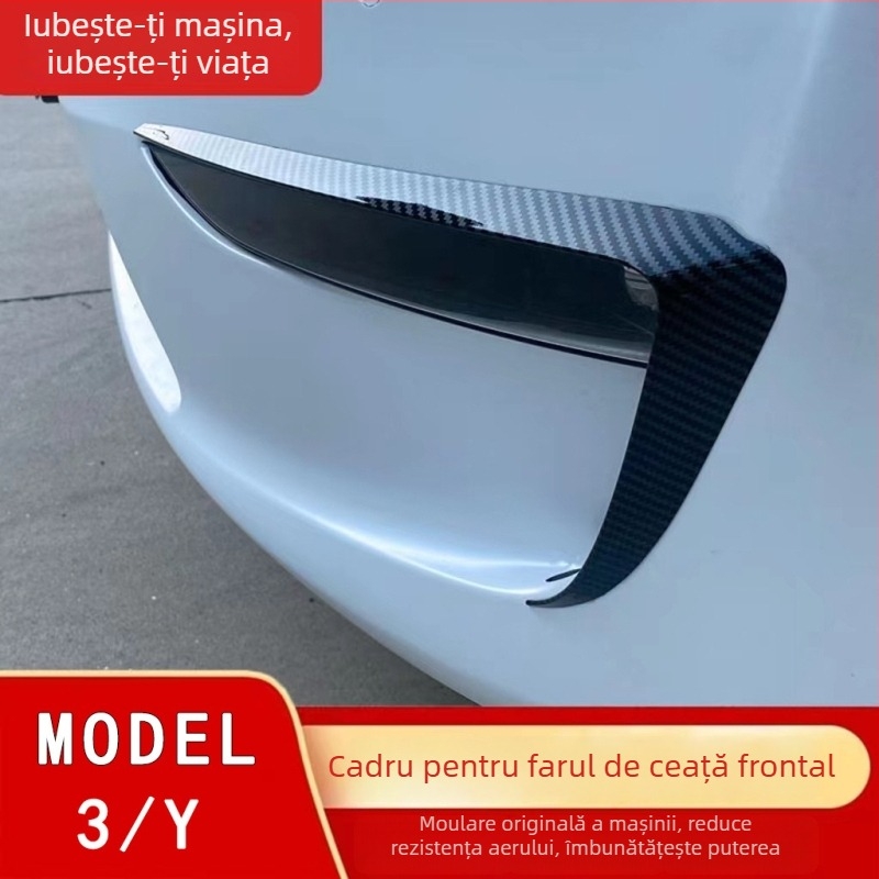 Tesla Model Y/Model 3: ramă decorativă pentru farurile din bara față și sprâncene, personalizabil, finisaj fibră de carbon