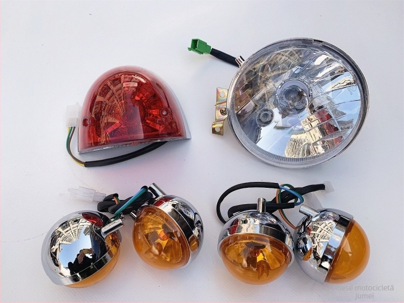 Ansamblu iluminare pentru bicicletă electrică Turtle King: far frontal, semnale față și spate, carcasa farului din spate cu sticlă transparent fumuriu – OEM, compatibil cu alte modele