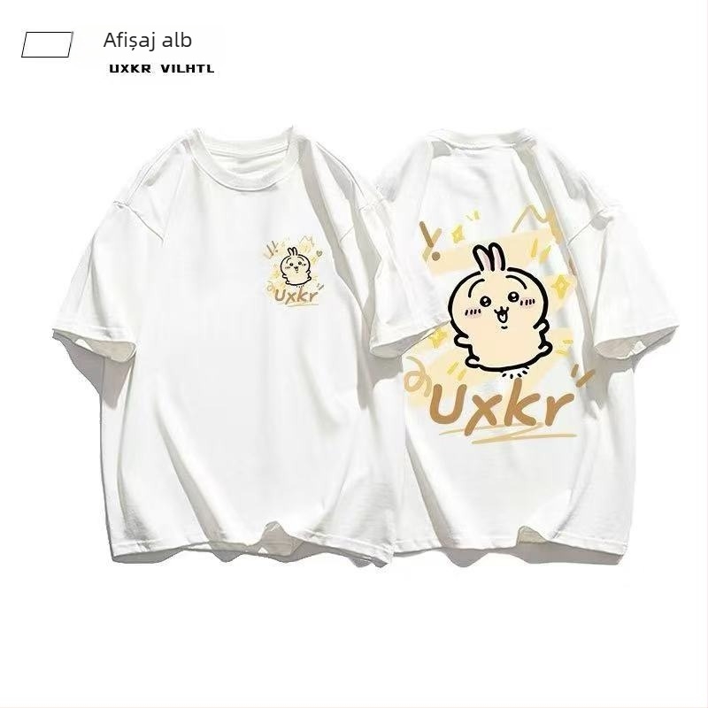 Tricou din bumbac cu guler rotund, mâneci scurte, imprimeu anime, stil casual