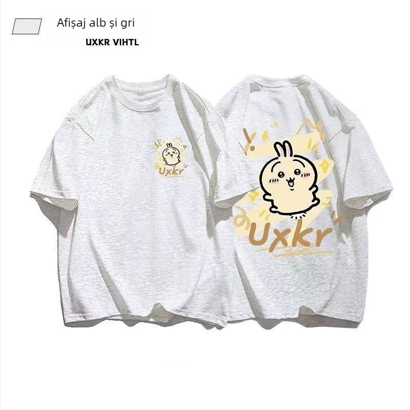 Tricou din bumbac cu guler rotund, mâneci scurte, imprimeu anime, stil casual