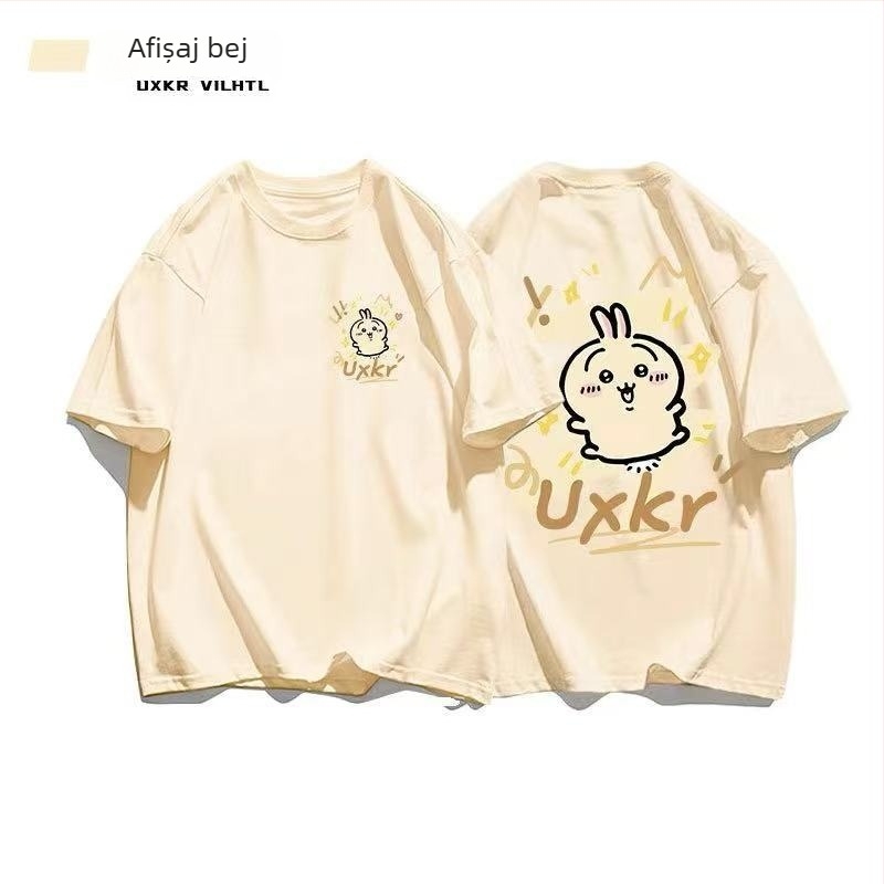 Tricou din bumbac cu guler rotund, mâneci scurte, imprimeu anime, stil casual