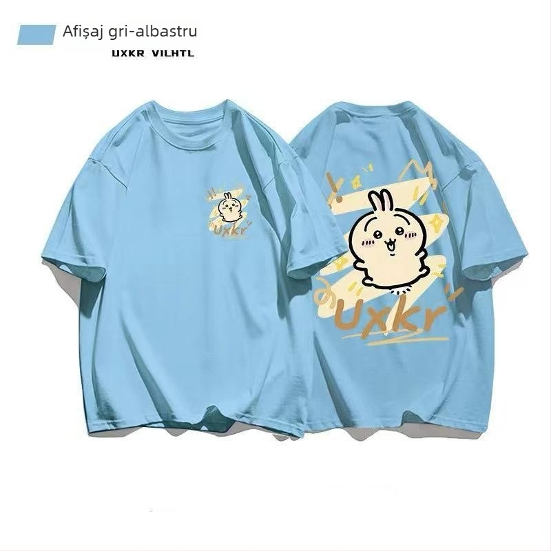 Tricou din bumbac cu guler rotund, mâneci scurte, imprimeu anime, stil casual