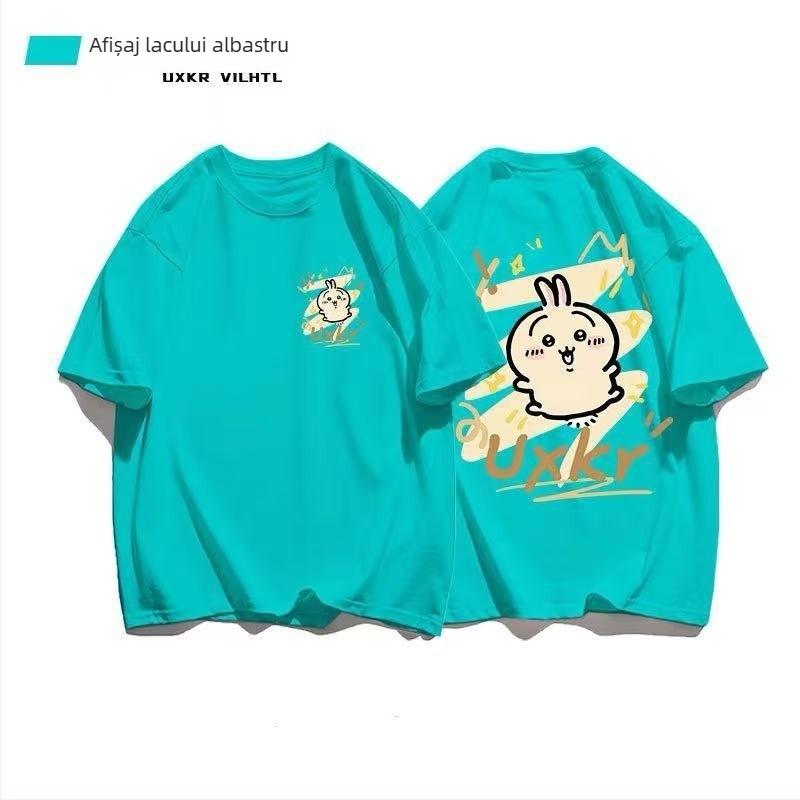 Tricou din bumbac cu guler rotund, mâneci scurte, imprimeu anime, stil casual