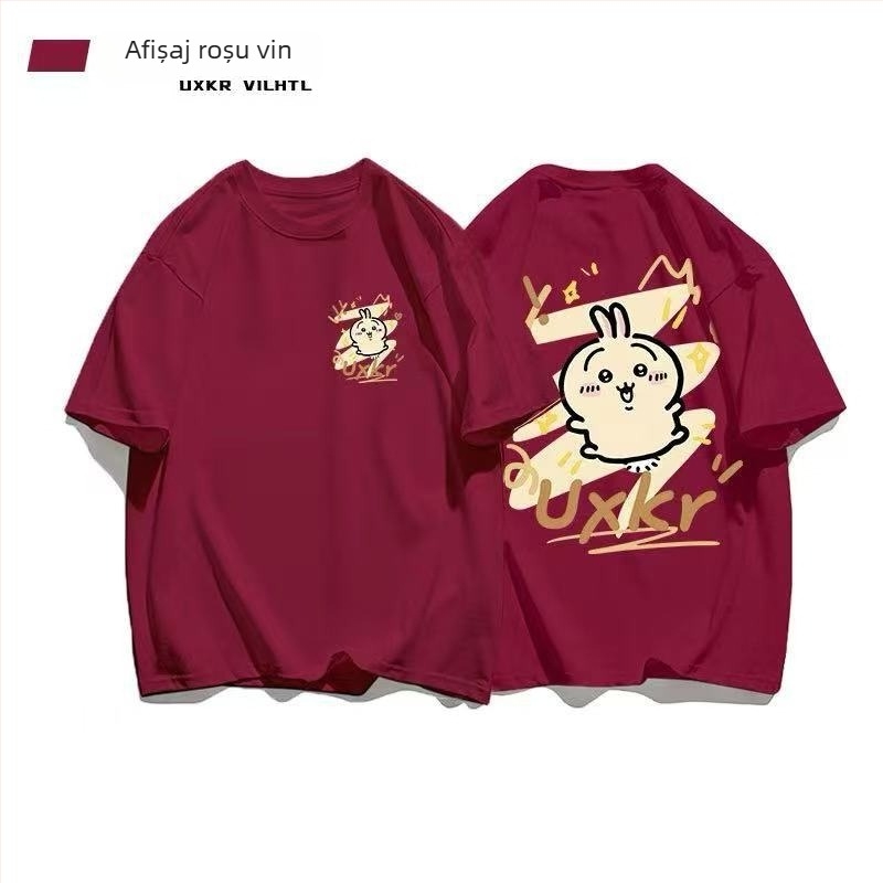 Tricou din bumbac cu guler rotund, mâneci scurte, imprimeu anime, stil casual