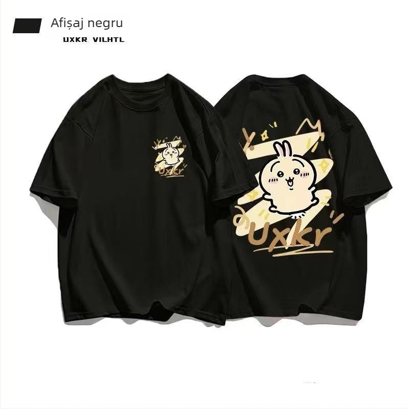 Tricou din bumbac cu guler rotund, mâneci scurte, imprimeu anime, stil casual