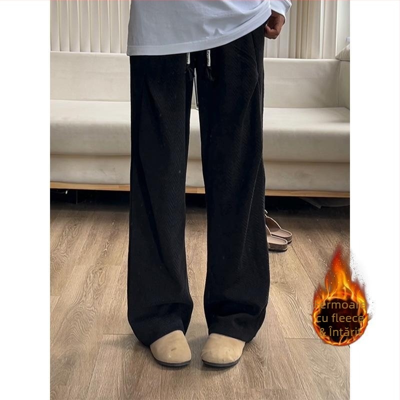 Pantaloni sport pentru bărbați, model herringbone, croială dreaptă, talie medie, fermoar, material gros