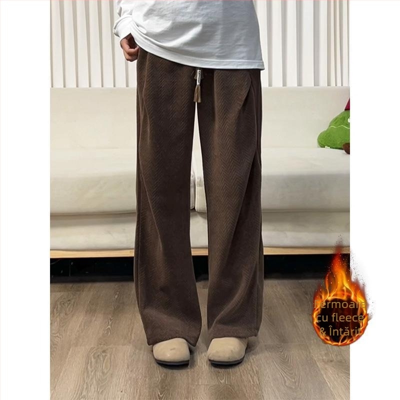Pantaloni sport pentru bărbați, model herringbone, croială dreaptă, talie medie, fermoar, material gros