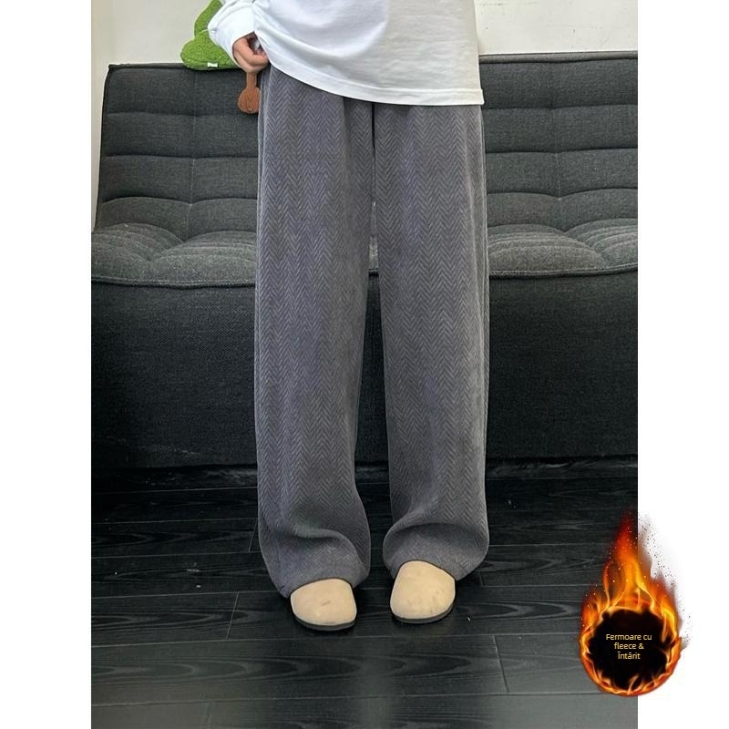 Pantaloni sport pentru bărbați, model herringbone, croială dreaptă, talie medie, fermoar, material gros