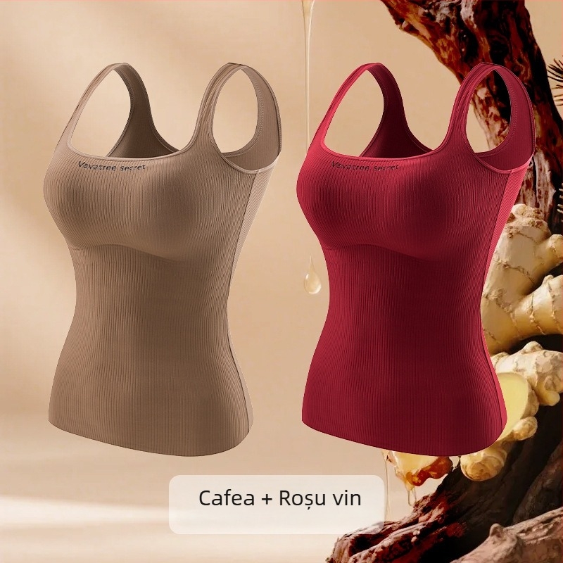 Vesta termică pentru femei din Ginger Essence Heattech, cu cupe pentru sâni încorporate, căptușeală dublă pe ambele fețe, poate fi purtată ca exterior sau interior, greutate 181–200 g/m2