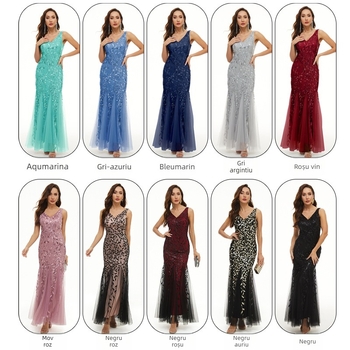 Rochie brodată cu paiete, fără mâneci, panou de plasă, siluetă de sirenă, lungime midi, decolteu în V adânc, talie medie, material poliester