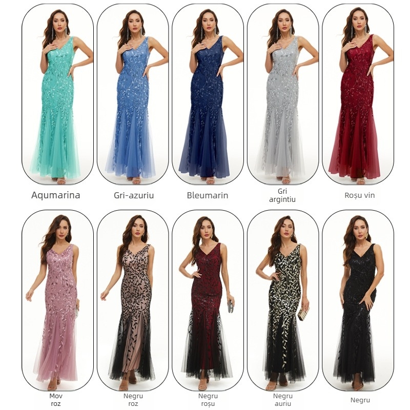 Rochie brodată cu paiete, fără mâneci, panou de plasă, siluetă de sirenă, lungime midi, decolteu în V adânc, talie medie, material poliester