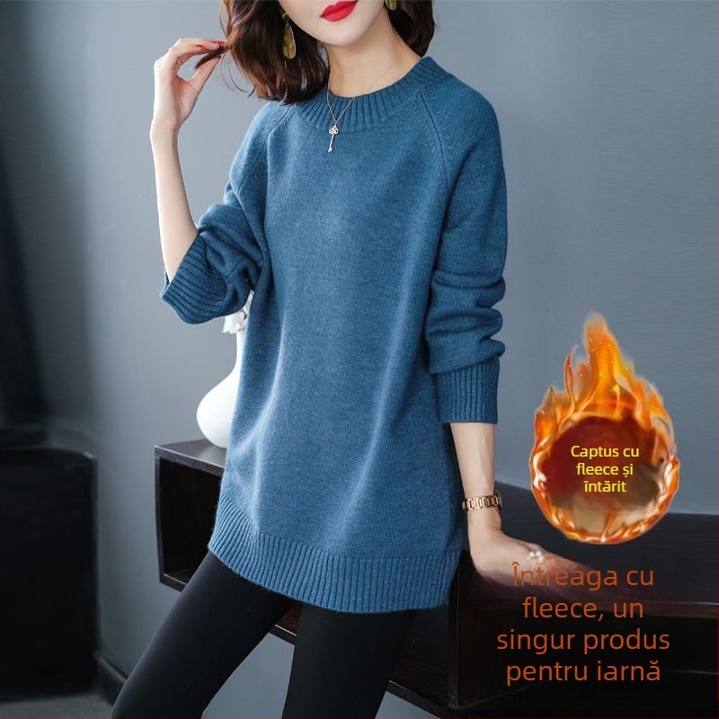 Pulover din amestec lână-poliester, guler rotund, mâneci lungi, croială lejeră