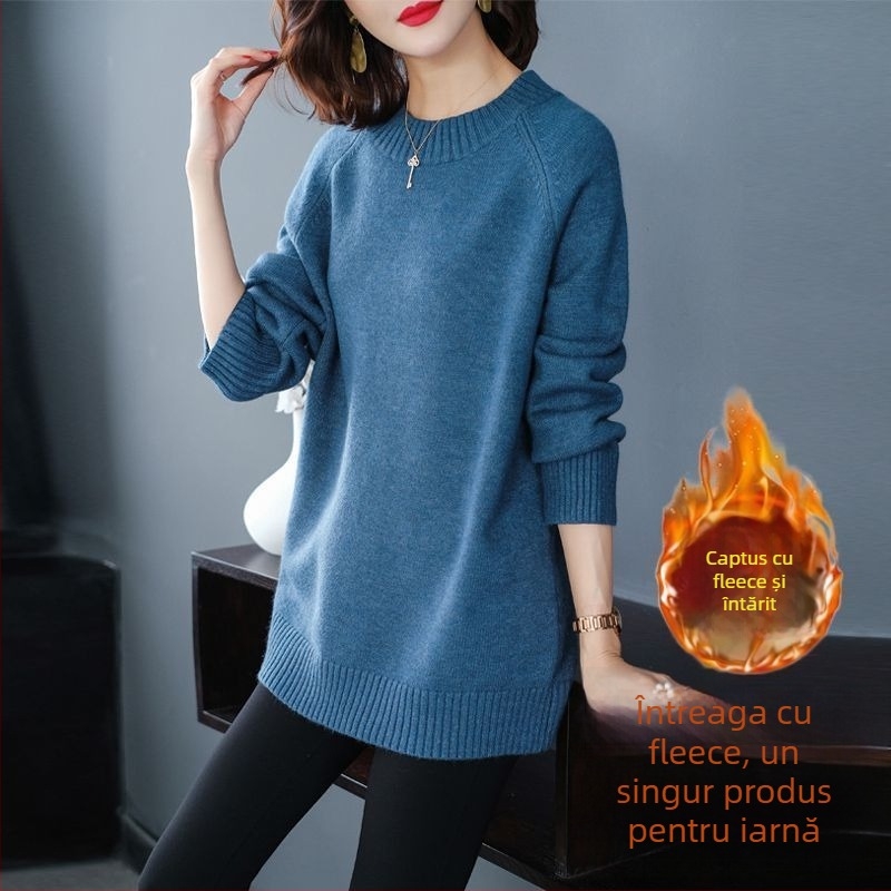 Pulover din amestec lână-poliester, guler rotund, mâneci lungi, croială lejeră
