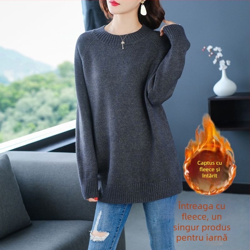 Pulover din amestec lână-poliester, guler rotund, mâneci lungi, croială lejeră