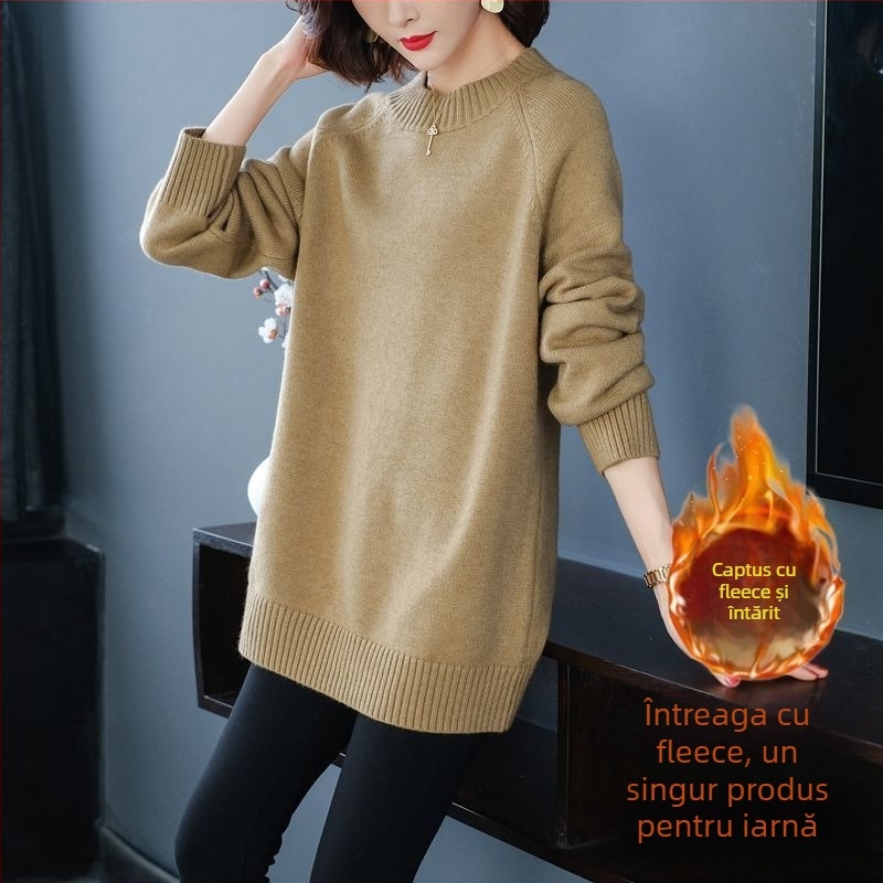Pulover din amestec lână-poliester, guler rotund, mâneci lungi, croială lejeră
