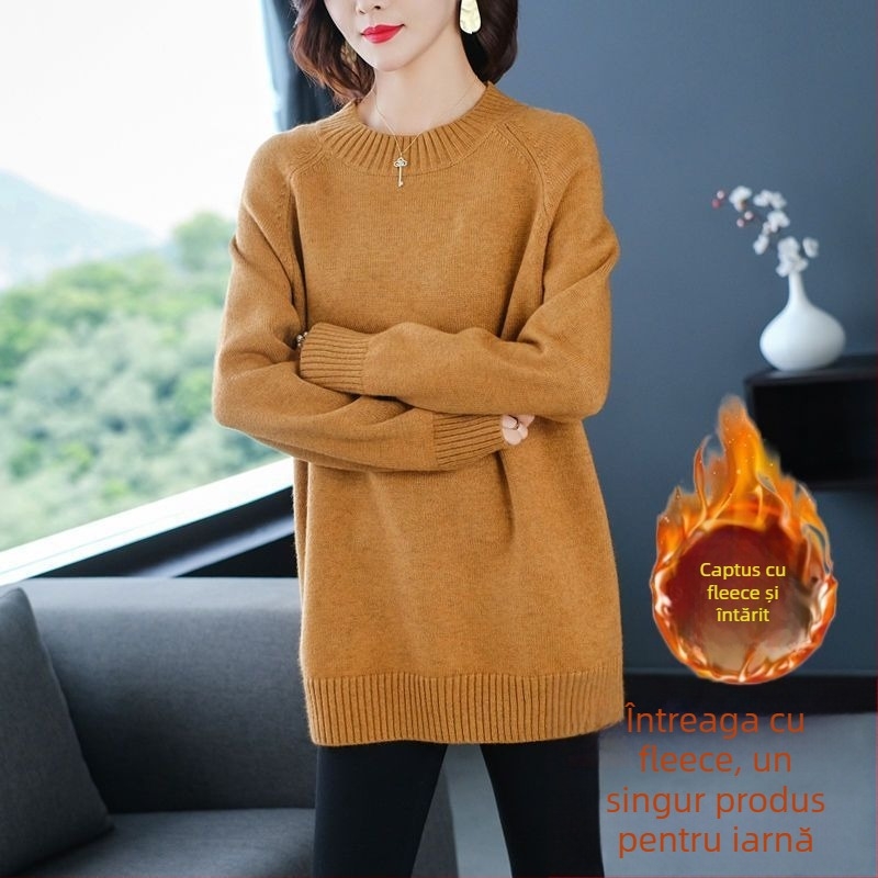 Pulover din amestec lână-poliester, guler rotund, mâneci lungi, croială lejeră
