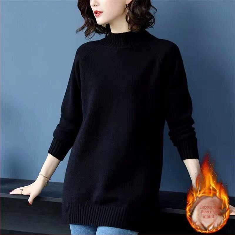 Pulover din amestec lână-poliester, guler rotund, mâneci lungi, croială lejeră