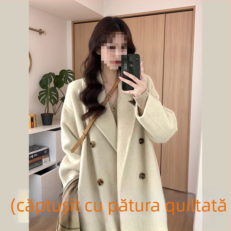 Palton din lână, lungime medie, închidere cu nasturi dubli, gros, stil japonez-coreean casual