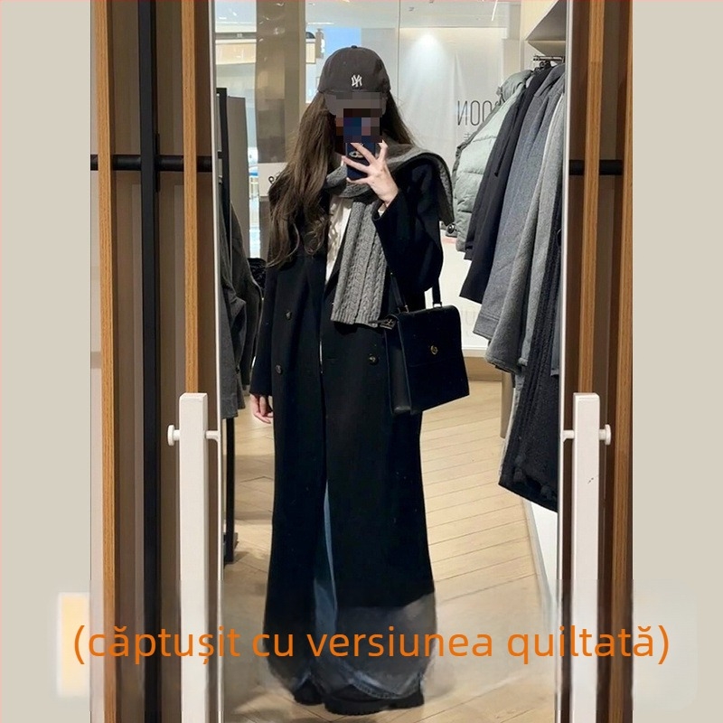 Palton din lână, lungime medie, închidere cu nasturi dubli, gros, stil japonez-coreean casual