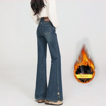 Jean din denim, talie înaltă, ușor evazate, țesătură groasă, bumbac 70–80%