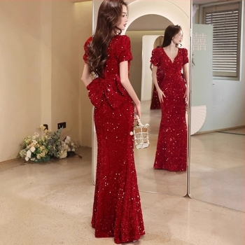 Rochie de seară pentru femei – paiete, talie înaltă, siluetă de coadă de pește, mâneci 3/4, lungă (paiete, talie înaltă, siluetă de coadă de pește, mâneci 3/4, lungă)