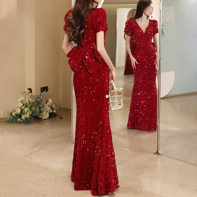 Rochie de seară pentru femei – paiete, talie înaltă, siluetă de coadă de pește, mâneci 3/4, lungă (paiete, talie înaltă, siluetă de coadă de pește, mâneci 3/4, lungă)