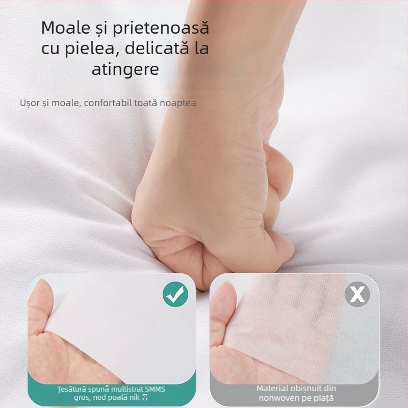 Set de patru piese, de unică folosință, pentru călători și vagoane de dormit ale trenului: cearșaf, husă pentru pilotă, fețe de pernă, sac de dormit