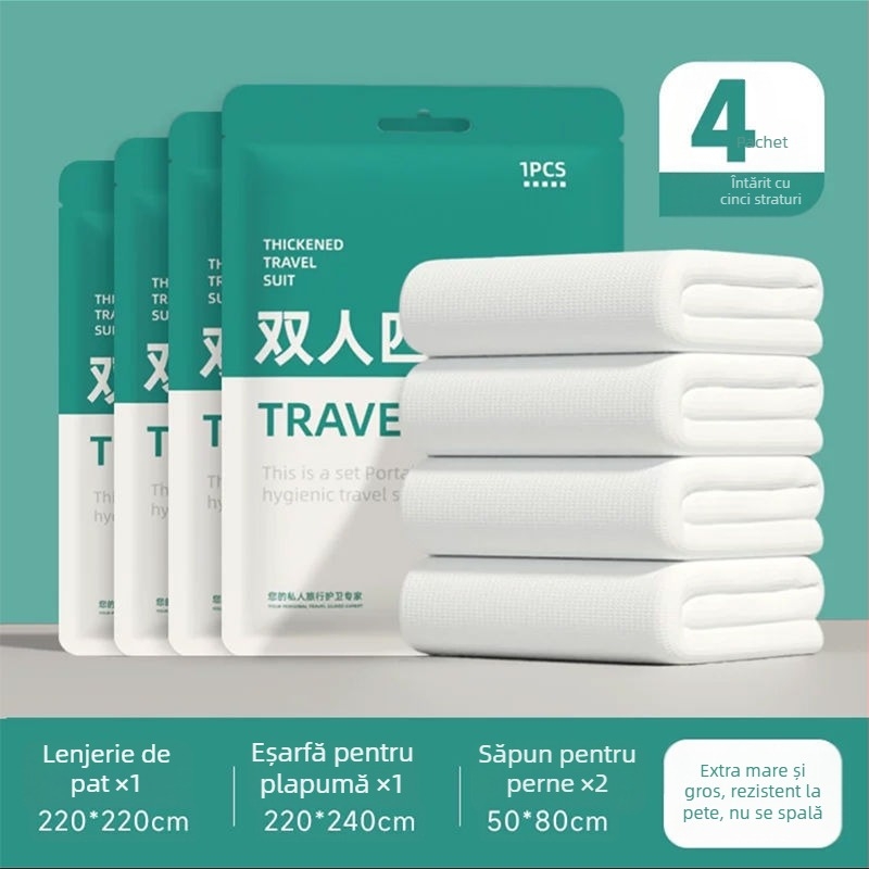 Set de patru piese, de unică folosință, pentru călători și vagoane de dormit ale trenului: cearșaf, husă pentru pilotă, fețe de pernă, sac de dormit