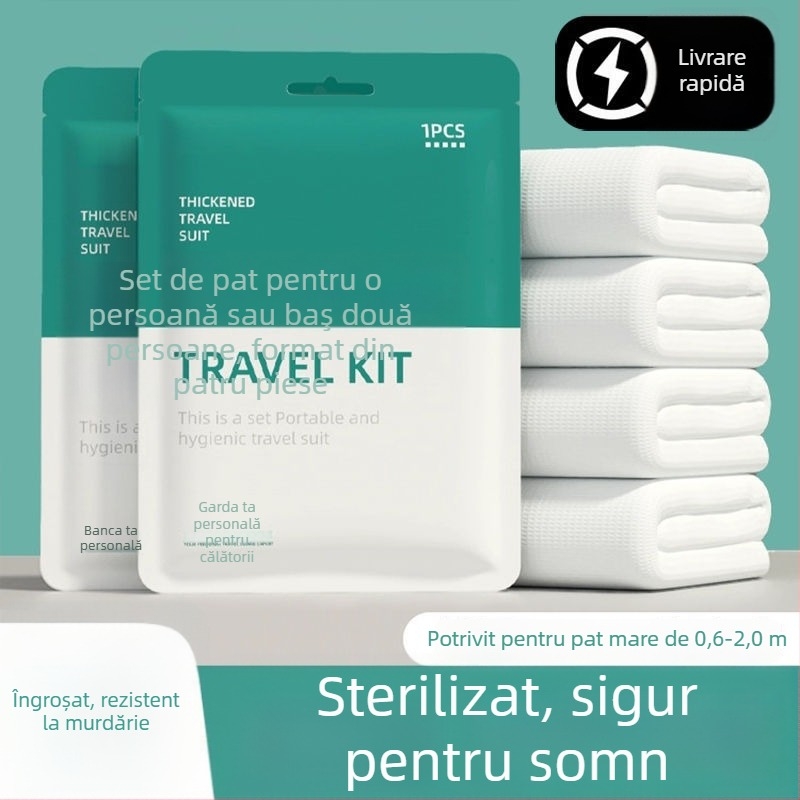 Set de patru piese, de unică folosință, pentru călători și vagoane de dormit ale trenului: cearșaf, husă pentru pilotă, fețe de pernă, sac de dormit